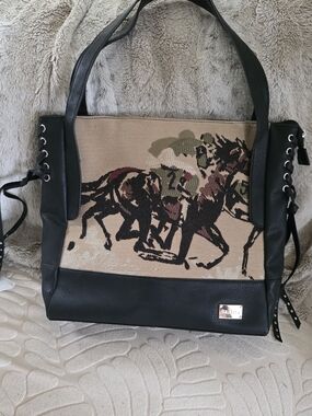 Equestrian Tapestry Tote Bag - Black & Tan
